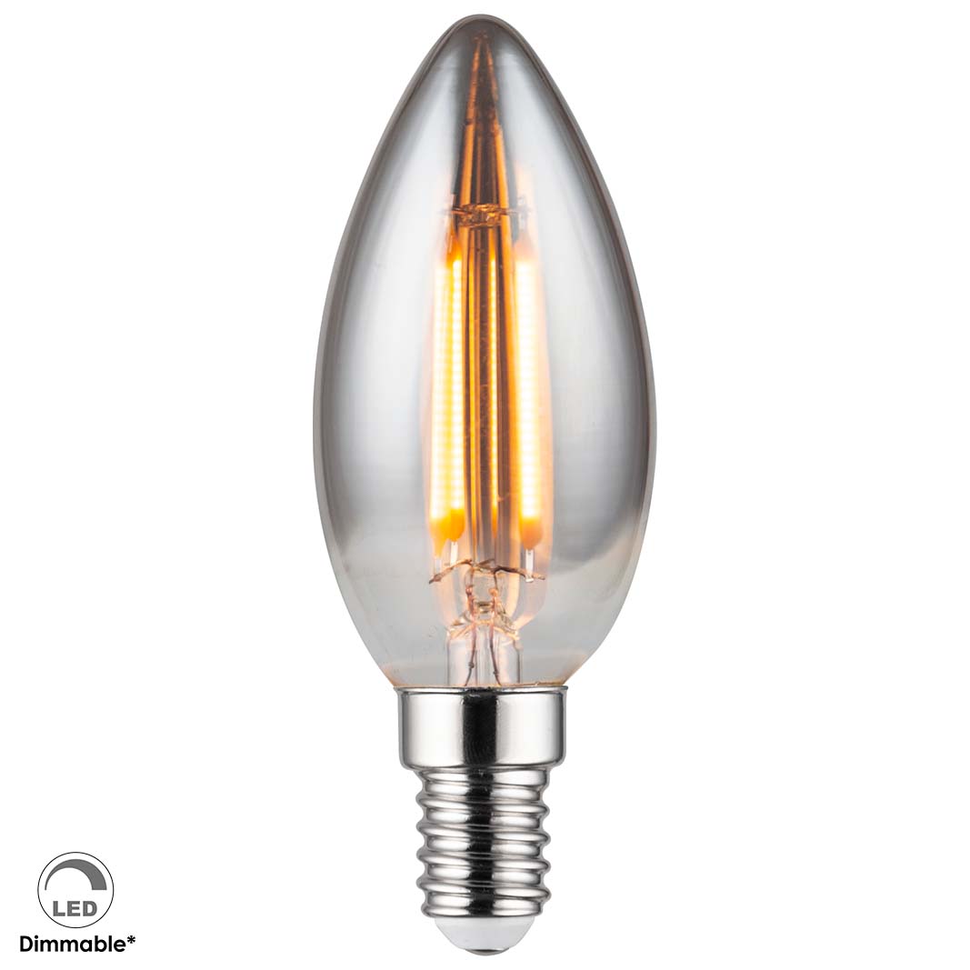 Bombilla de vela LED C35 de 230 V E14 de color ahumado con potencia de 4 W y función de atenuación