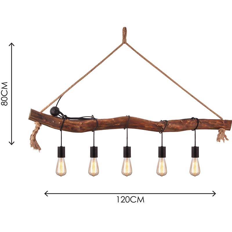 Candelabro simple creativo Retro decorativo ajustable naturaleza madera colgante luz 5lys E27