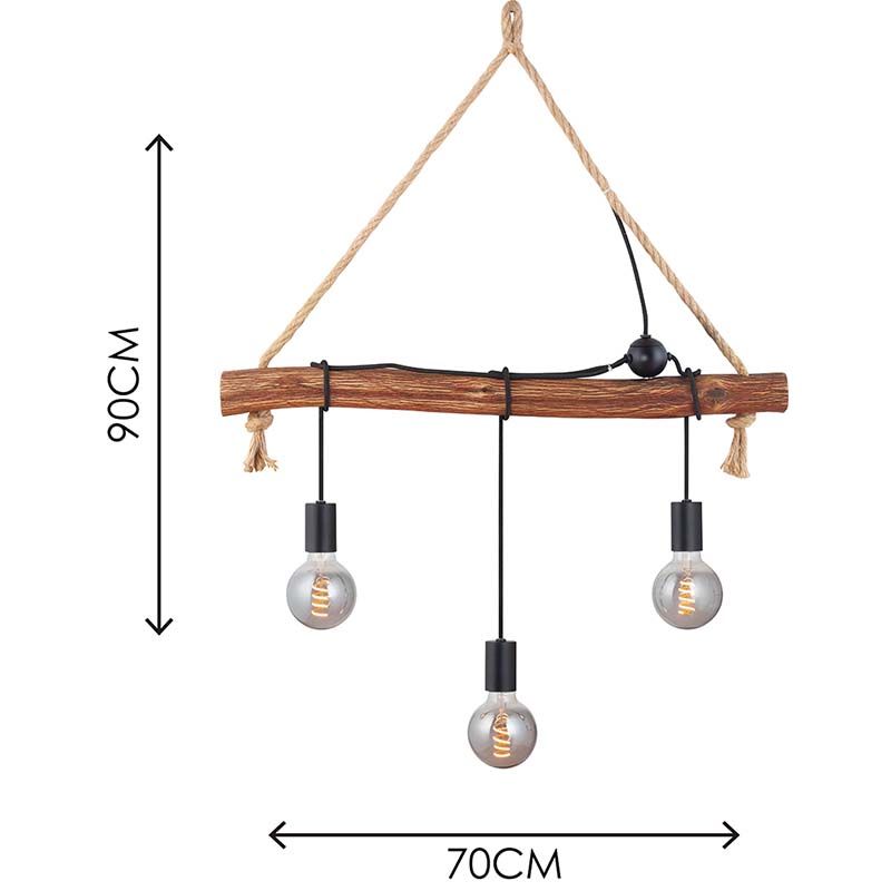 Candelabro simple creativo Retro decorativo ajustable naturaleza madera colgante luz 3lys E27