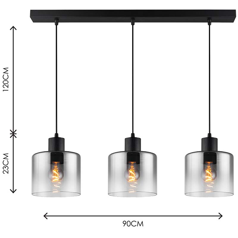 Luz colgante lineal moderna, luz colgante redonda de vidrio ahumado degradado, 3lys lado a lado E27 Dim