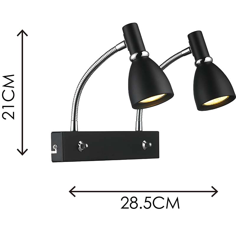 Luz de estilo moderno nórdico EMIL, foco de pared doble, luz de estudio para el hogar con brazo flexible, negro mate GU10 Dim