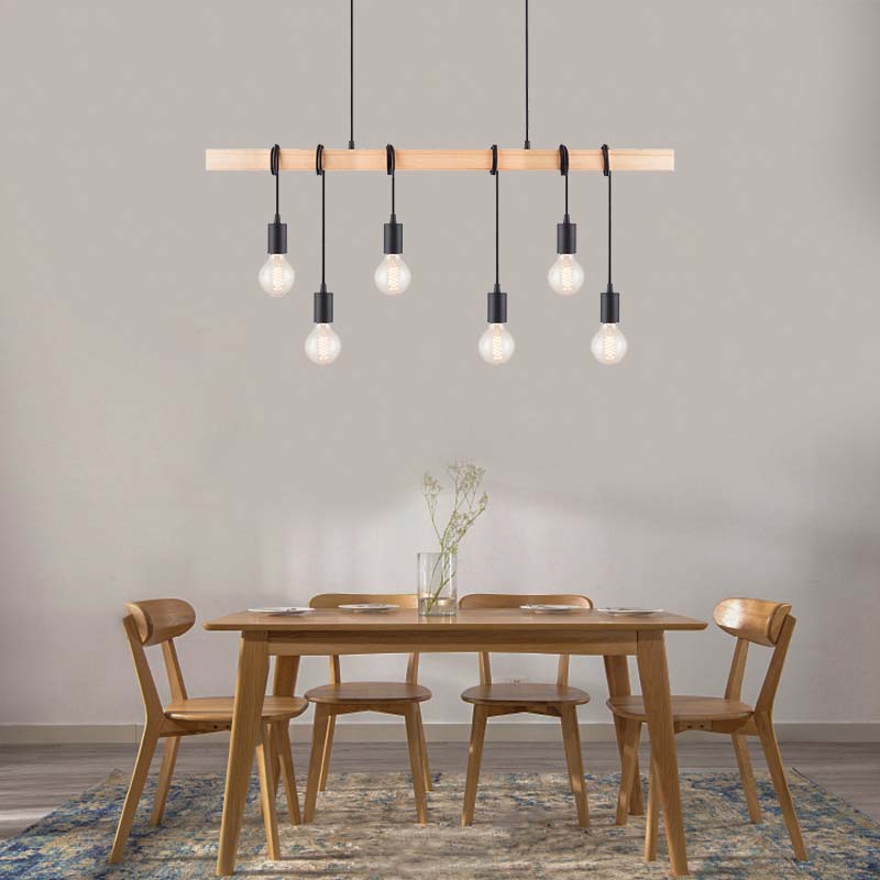 Lámpara de araña de diseño de madera industrial elegante y moderna, luz colgante de madera natural ajustable decorativa 6lys E27