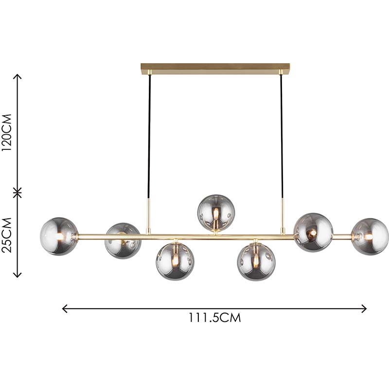 Lámpara colgante de diseño nórdico auténtico, lámpara colgante decorativa ajustable, 7lys, latón mate y cristal ahumado G9