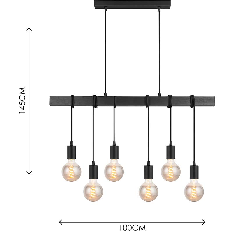 Lámpara colgante de madera negra ajustable decorativa con diseño de madera Industrial elegante moderno 6lys E27