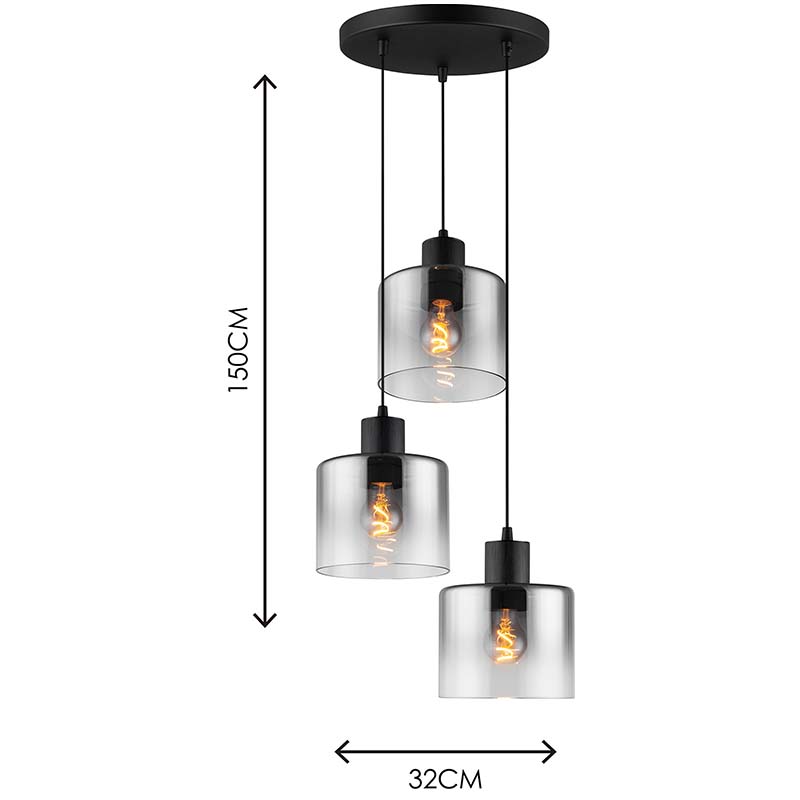 Luz de techo colgante lineal moderna Gradiente Vidrio de humo Luz colgante redonda ajustable 3lys E27 Dim